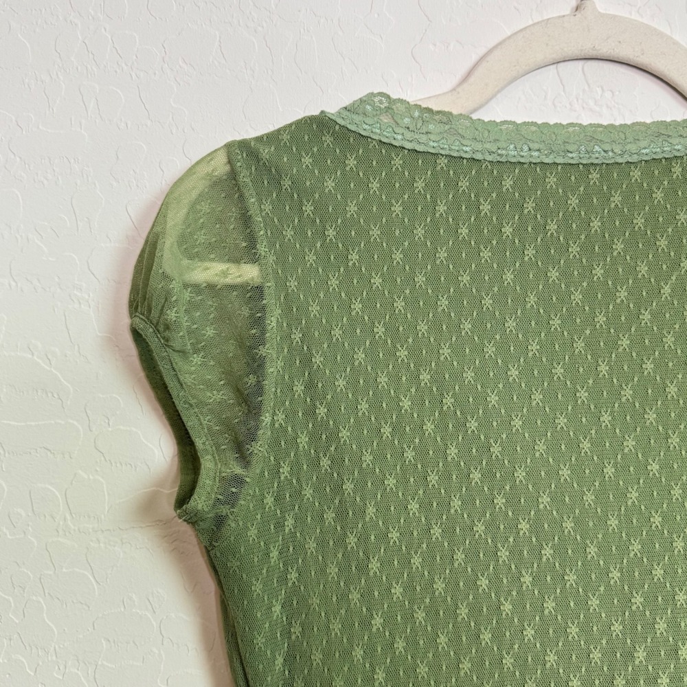 Y2K Romantic Olive Green Mesh Lace Sweetheart Floral Pointelle Top Boho Sz M - Picture 7 of 8